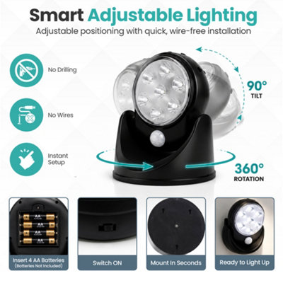 7 LED Black Battery-Powered Motion Sensor Light, Adjustable Head ABS ...