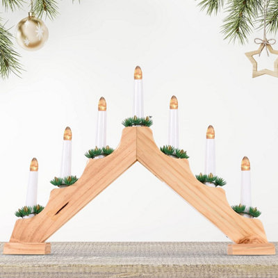 7 LED Wooden Christmas B/O Candle Bridge - Natural