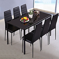 7 Pcs Kitchen Dining Set 140 x 80 cm Glass Dining Table and 6 Black Faux Leather Dining Chairs