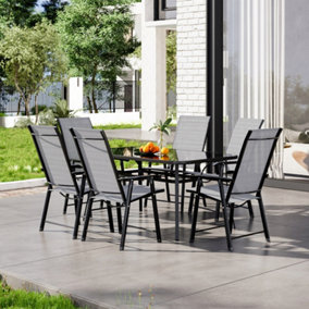 7 Piece Black Outdoor Garden Furniture Set Dining Set Glass Umbrella Table and Folding Chairs  for Garden Patio Lounge Balcony
