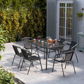7 Piece Black Outdoor Garden Furniture Set Dining Set Tempered Glass Table Stacking Chair  for Garden Patio Lounge Balcony 120cm