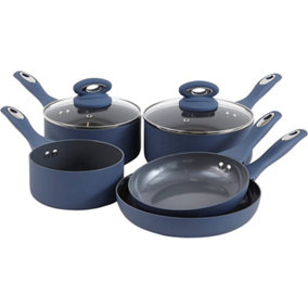 7 Piece Navy Kitchen Cookware Set - Dishwasher Safe Aluminium Pots & Pans Set with Non-Stick Coating - Suitable for All Hobs