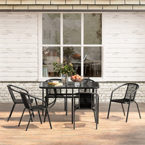 7 Piece Outdoor Black 6 Seater Stacking Chairs and Coffee Table Set Garden Bistro Set  Dining Room Set