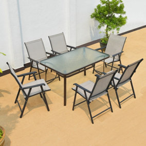 7 Piece Outdoor Black Furniture Dining Set Tempered Glass Umbrella Table Folding Chairs for Garden Patio Lounge Balcony 120cm