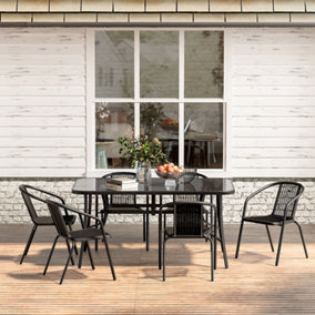 7 Piece Outdoor Black Furniture Set Dining Set Tempered Glass Table Stacking Chair for Garden Patio Lounge Balcony H150cm