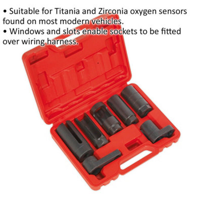 7 Piece Oxygen Sensor Socket Set - 3/8" & 1/2" Sq Drive - Windows & Slot Sockets