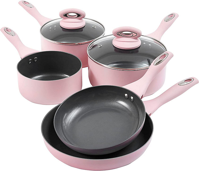 7 Piece Pink Kitchen Cookware Set - Dishwasher Safe Aluminium Pots & Pans  Set with Non-Stick Coating - Suitable for All Hobs