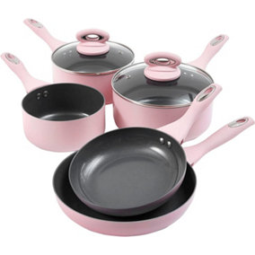 7 Piece Pink Kitchen Cookware Set - Dishwasher Safe Aluminium Pots & Pans Set with Non-Stick Coating - Suitable for All Hobs