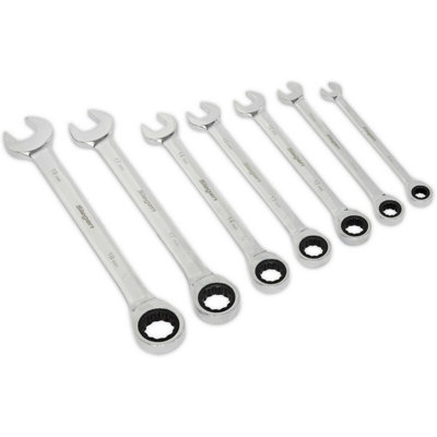 7-Piece Ratchet Combination Spanner Set - 12-Point Metric Wrench with Storage Rack