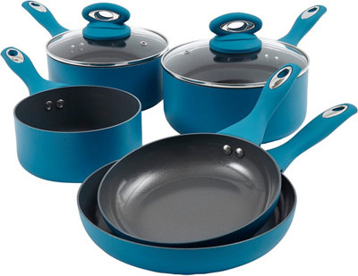 7 Piece Teal Kitchen Cookware Set - Dishwasher Safe Aluminium Pots