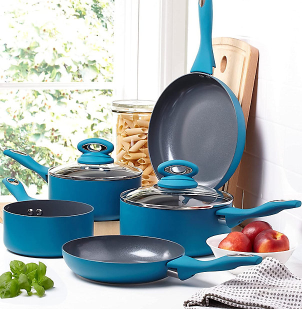 7 Piece Teal Kitchen Cookware Set - Dishwasher Safe Aluminium Pots & Pans  Set with Non-Stick Coating - Suitable for All Hobs