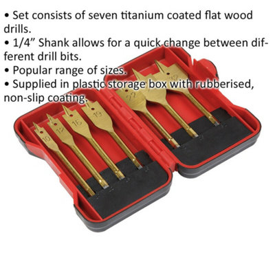 7 Piece Titanium Coated Flat Wood Drill Bit Set - 1/4" Hex Shank - Storage Box