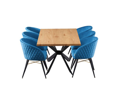 7 Pieces Vittorio Duke Dining Set - an Oak Rectangular Dining Table and Set of 6 Blue Dining Chairs