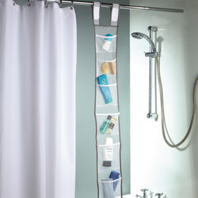 7 Pocket Hanging Shower Caddy - Fast Drying & Mildew Resistant Bathroom Organiser with Shower Rail Fastening - H135 x W17 x D0.5cm