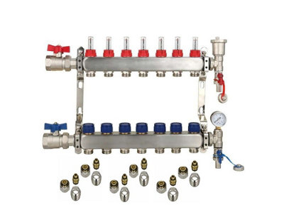 7 Ports Stainless Steel UFH Manifold with 15mm Pipe Connections, 1 inch Ball Valves, Automatic Air Vent & Pressure Gauge