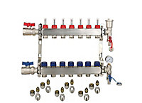 7 Ports Stainless Steel UFH Manifold with 16mm Pipe Connections, 1 inch Ball Valves, Automatic Air Vent & Pressure Gauge