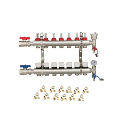 7 Ports Water Underfloor Heating Manifold with 15mm Pipe Connections, 1 inch Ball Valves, Automatic Air Vent & Pressure Gauge