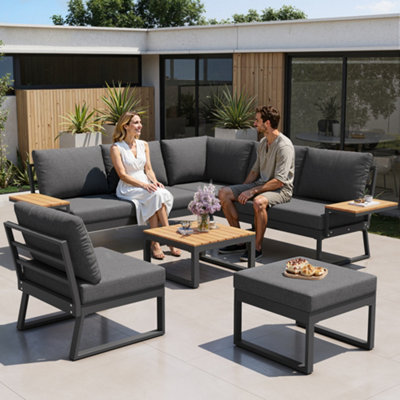 7-SEATER MODULAR L-SHAPED GARDEN SOFA SET WITH WPC TABLE, ARMRESTS