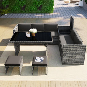 7 Seater Outdoor Garden Patio Rattan Corner Sofa Set with Glass Dining Table and Corner Storage Box