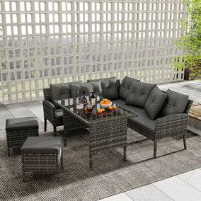 7-Seater Outdoor Garden Patio Rattan Sofa Set with Dining Table and Stools