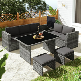 7 Seater PE Rattan Garden Patio Corner Sofa Set with Glass topped 130x75cm Dinning Table, with Side Storage and Cushions, Grey