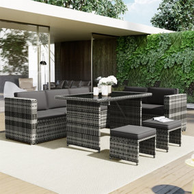 7 Seater PE Rattan Garden Patio Corner Sofa Set with Glass topped 130x75cm Dinning Table, with Side Storage and Cushions, Grey