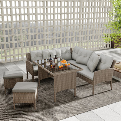 7 Seater Rattan Garden Sofa Set Outdoor Patio Dining Set with Cushions and Stools UV-resistant PE Rattan and Tempered Glass Beige