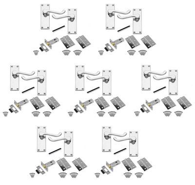 7 Sets of Victorian Scroll Latch Door Handles Polished Chrome Hinges