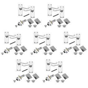 7 Sets of Victorian Scroll Latch Door Handles Polished Chrome Hinges & Latches Pack Sets 120MM X 40MM -