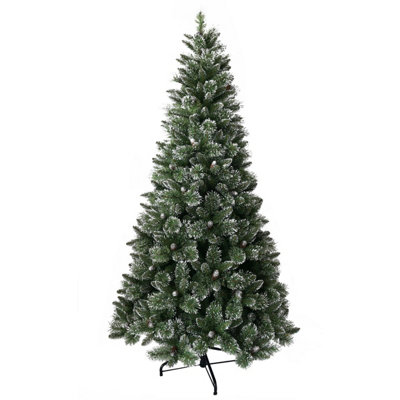 7' Shimmery Bristle Pine Tree Medium Hinged Tree With Cones & Silver Glitter