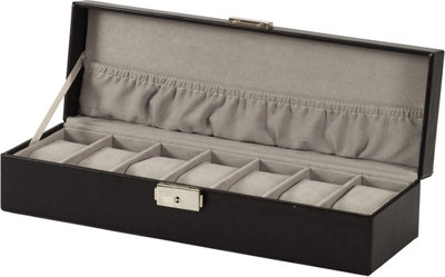 7 Slot Lockable Watch Box - Black Faux Leather with Grey Lining