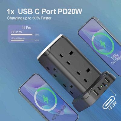 7 Socket Surge Protected Tower Extension Lead with 4 USB Ports