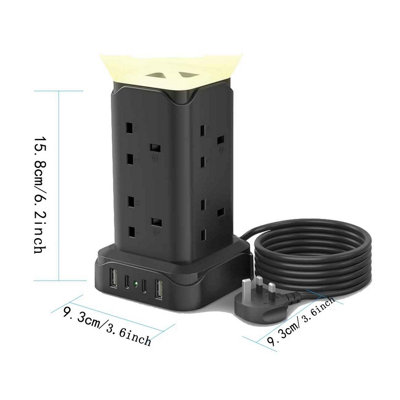 7 Socket Surge Protected Tower Extension Lead with 4 USB Ports