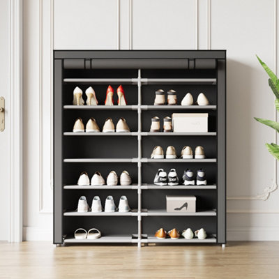 7-Tier Shoe Rack Double-row Shoe Cabinet with Roll-Up Door and Dustproof Cover