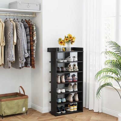 7-Tier Vertical Shoe Rack, Wooden Tall Double Shoe Rack - Black