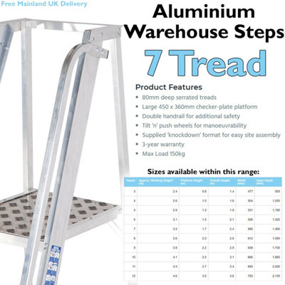 7 Tread 1.7m Aluminium Warehouse Picking Steps & Handrail Narrow Aisle Stairs