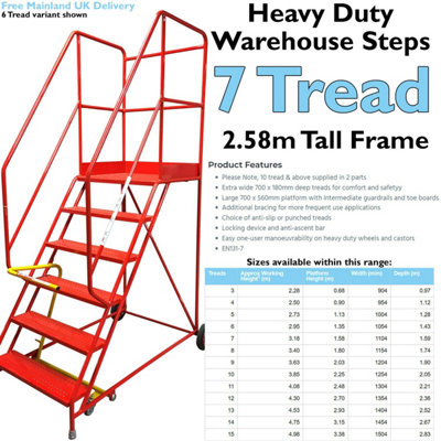 7 Tread HEAVY DUTY Mobile Warehouse Stairs Punched Steps 2.58m Safety Ladder