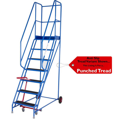 7 Tread Mobile Warehouse Safety Ladder with Punched Steps - EN131 Compliant 2.75m Blue
