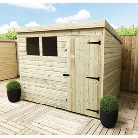 7 x 4 Pressure Treated Tongue And Groove Pent Wooden Shed - 2 Windows + Single Door (7' x 4' / 7ft x 4ft) (7x4)