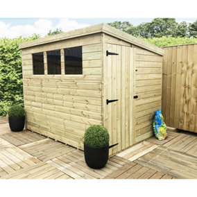 7 x 4 Pressure Treated Tongue And Groove Pent Wooden Shed - 3 Windows + Side Door (7' x 4' / 7ft x 4ft) (7x4)