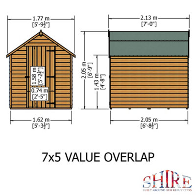 7 x 5 Feet Overlap Dip Treated Value Range Apex Shed Single Door - 7