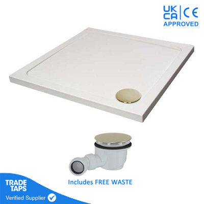 700 x 700mm White Square 45mm Low Profile Shower Tray with Brushed Brass Waste