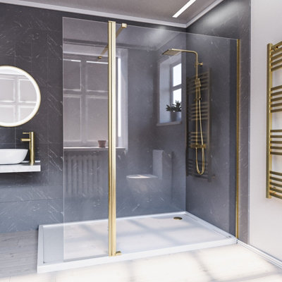 B&Q -  Brushed Brass 1200mm Wet Room Screen 8mm Tempered Glass With 300mm Flipper Panel