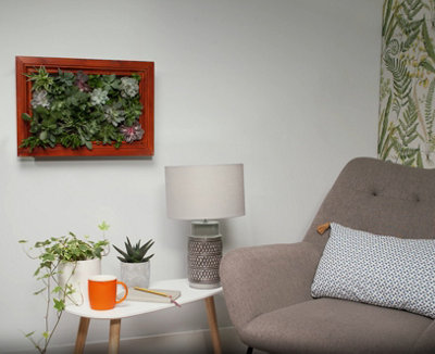 A living room decorated with a grey armchair, white side table and DIY living wall display attached to the wall.