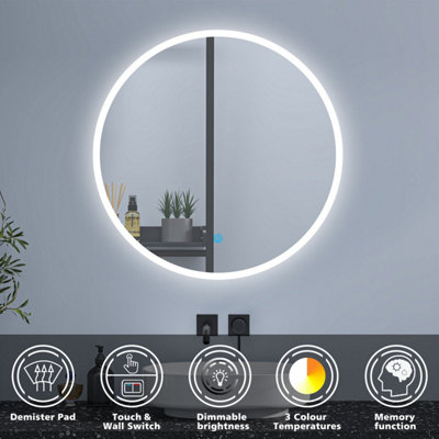 700mm Round Bathroom Mirror with LED Lights Dimmable 3 Colour Lights ...