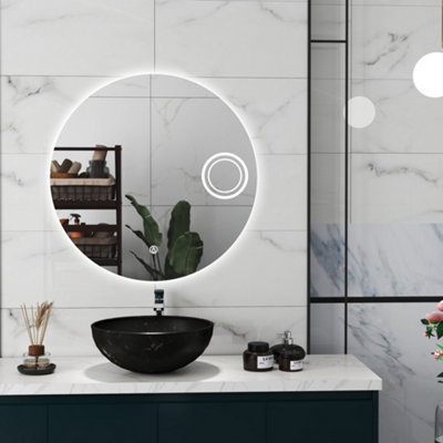700mm Round LED Bathroom Mirror with Magnifier & Demister Touch Control, Cool White Light