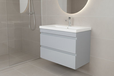 700mm Vanity Unit Gloss Light Grey Wall Hung Bathroom Cabinet with Soft ...