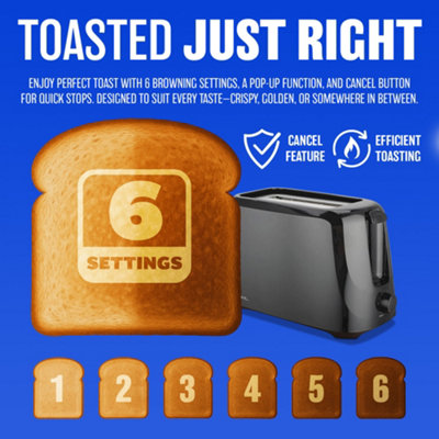700W 2 Slice Toaster Toastie Maker Pop Up Cool Touch 6 Settings Bagel Black