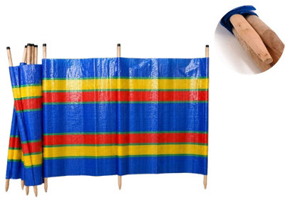 Prime Plus Wooden Windbreak 8 Pole 5Ft High X 15Ft Long Striped Blue,yellow,red Beach Camping Picnic Wind Shelter Lightweight Foldable from B&Q