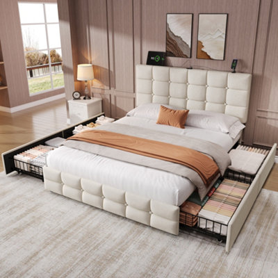 Abrihome 4Ft6 Double Upholstered Bed With 4 Storage DrawersBed Frame With Charging Station Adjustable Button Tufted Headboard Beige from B&Q